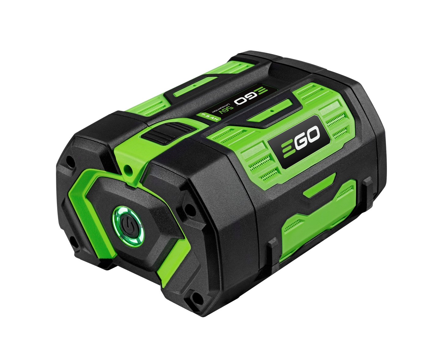 Compact black and green cordless 7.5Ah battery pack with illuminated power button and fuel gauge for tools and home improvement
