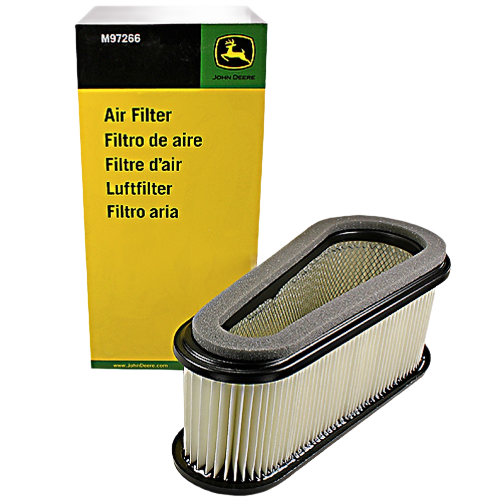Oval-shaped air filter with pleated paper element and black frame beside yellow John Deere parts and lubricants box
