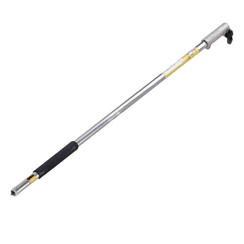 Silver metal shaft extension with black grip designed for outdoor trimming tools in home improvement settings