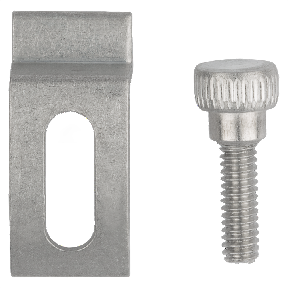 Extruded aluminum storm door clip and matching metal screw for door hardware and home improvement projects