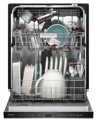 Open stainless steel dishwasher loaded with dishes, glassware, and utensils in kitchenware and appliances collection