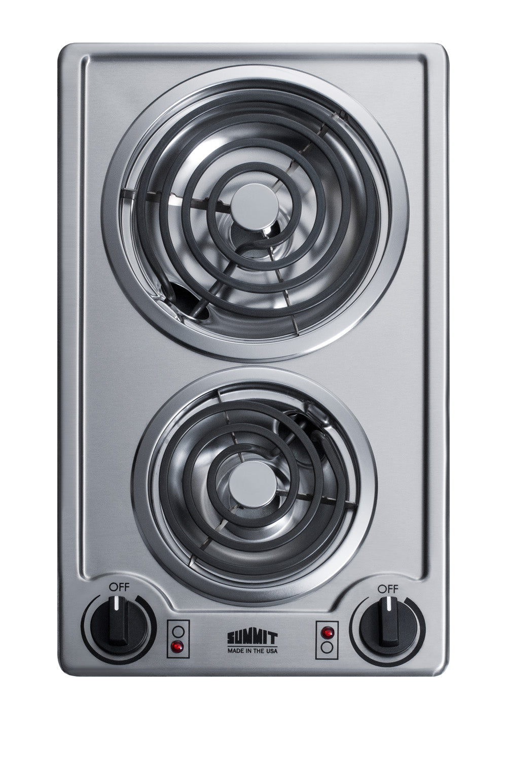 Stainless steel 12-inch wide electric cooktop with two coil burners and separate control knobs, ideal for cooktops, kitchenware, and appliances collections.