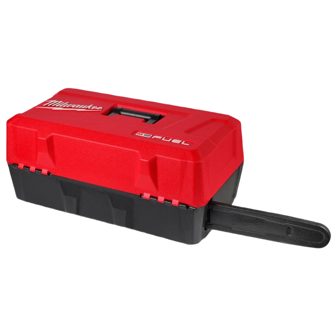 Red and black Milwaukee carrying case designed to organize and protect chainsaw and accessories for workshop storage