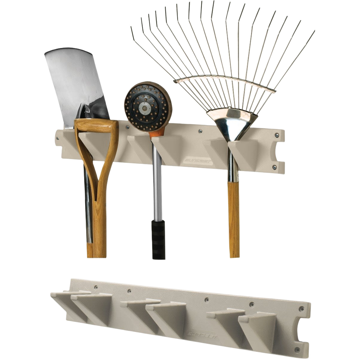 Beige long handle tool rack with hooks holding garden tools for storage and organization in hardware and home improvement collections under $50