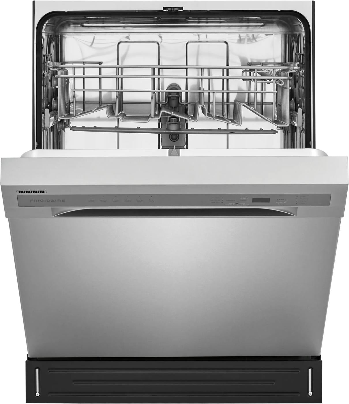 Partially open stainless steel dishwasher door revealing upper rack and interior from Kitchen & Kitchenware collection