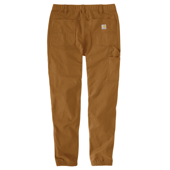 Brown relaxed fit canvas jogger pants with durable stitching, elastic waistband, and multiple utility pockets for workwear use