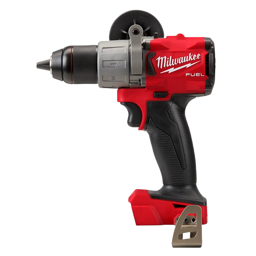 Red and black Milwaukee cordless drill driver with ergonomic grip and metal front casing for tools and home improvement tasks