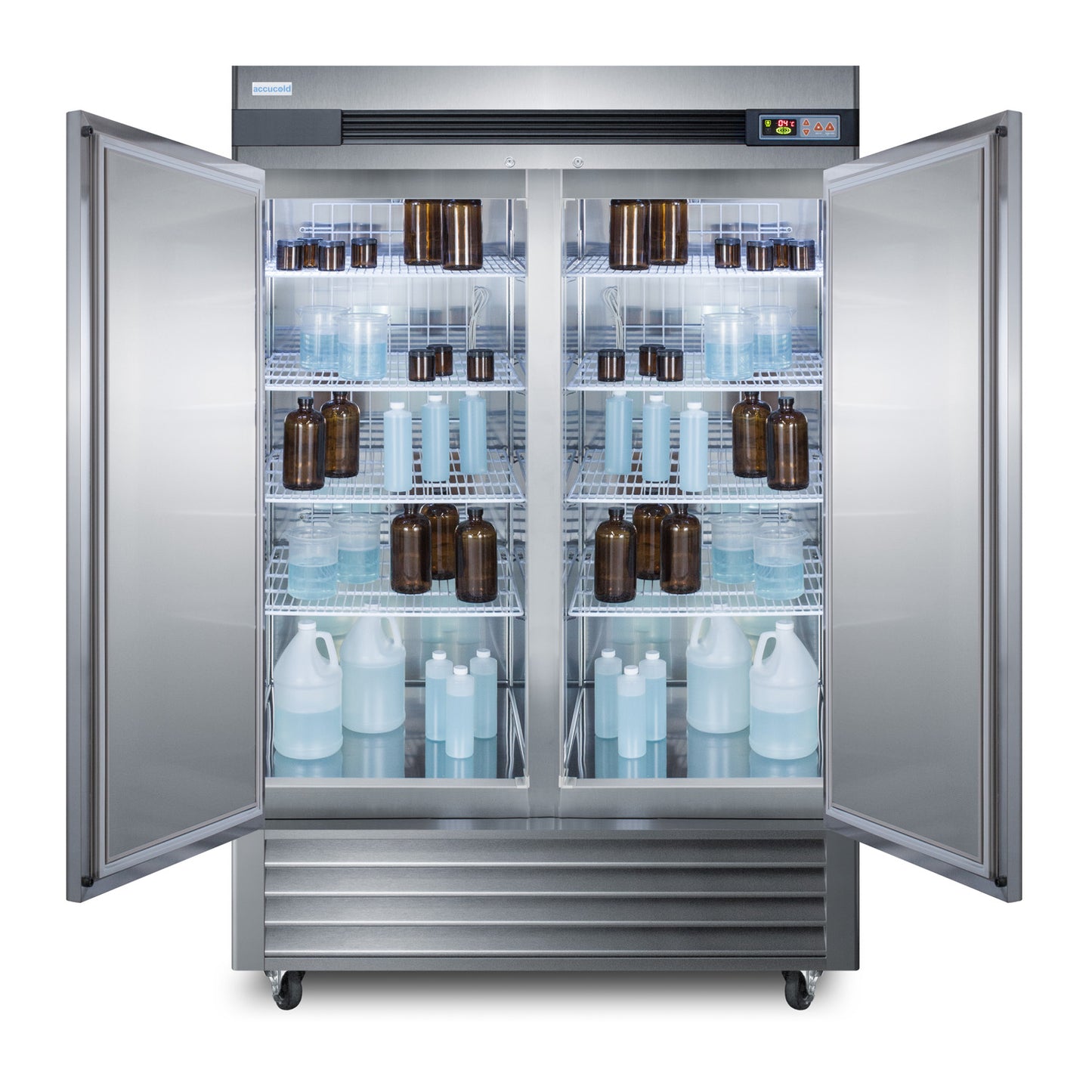 Stainless steel upright refrigerator with open doors showing organized pharmacy and laboratory bottles on wire shelves