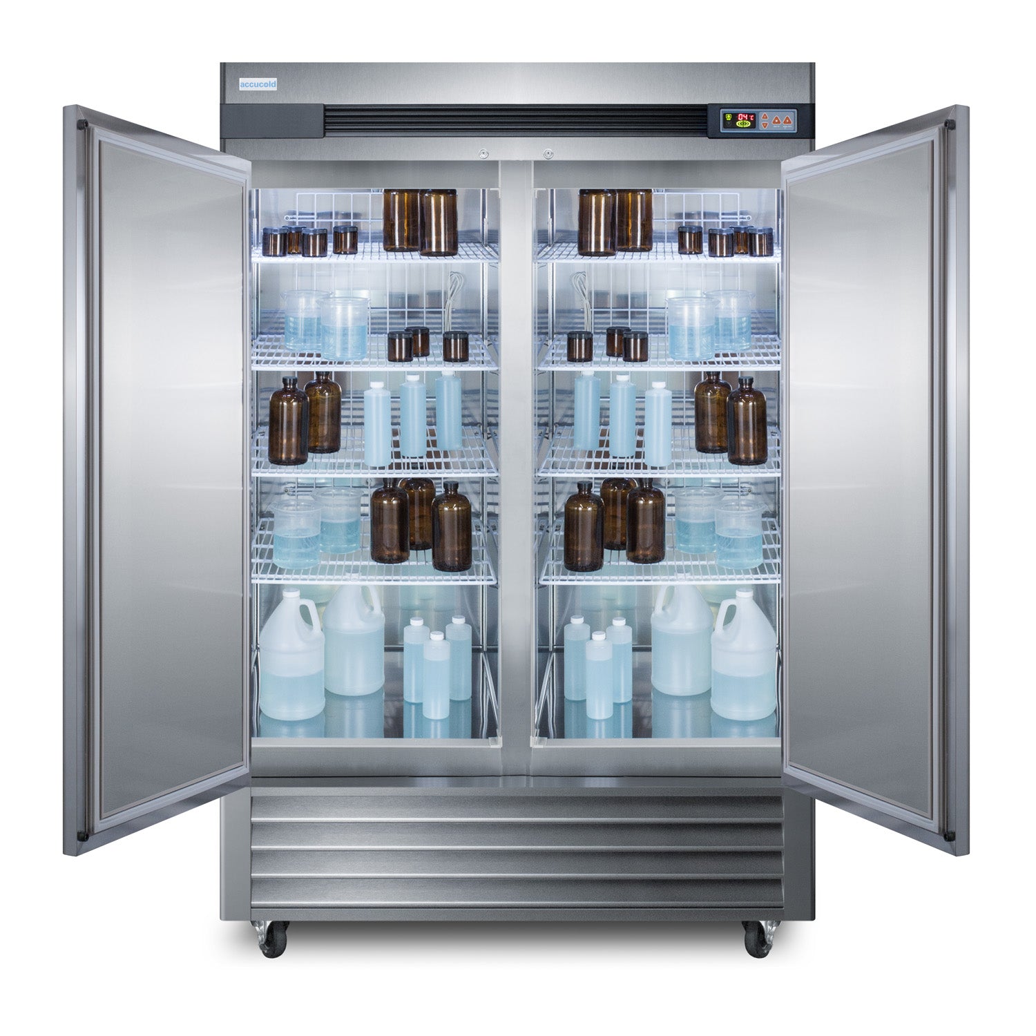 Stainless steel upright refrigerator with open doors showing organized pharmacy and laboratory bottles on wire shelves