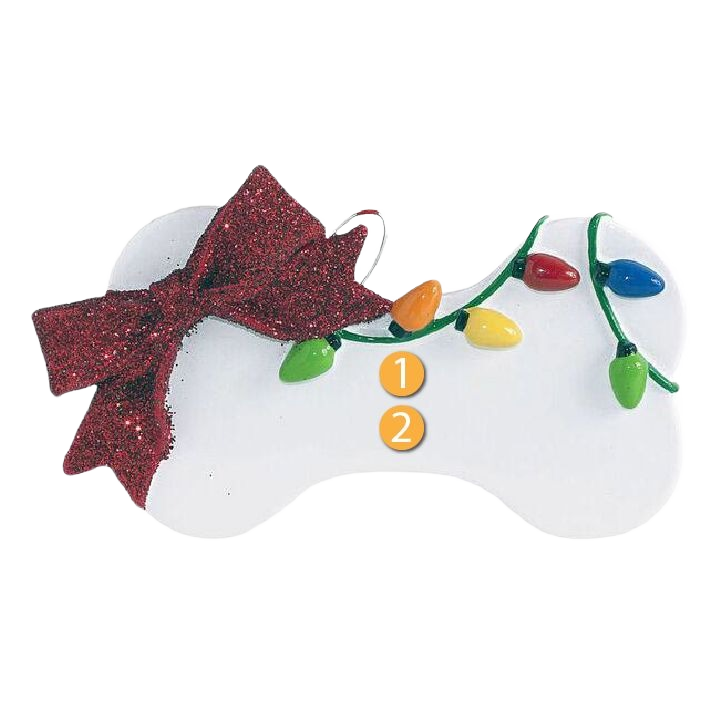 White dog bone ornament decorated with colorful holiday lights and a glittery red bow for Christmas décor collection