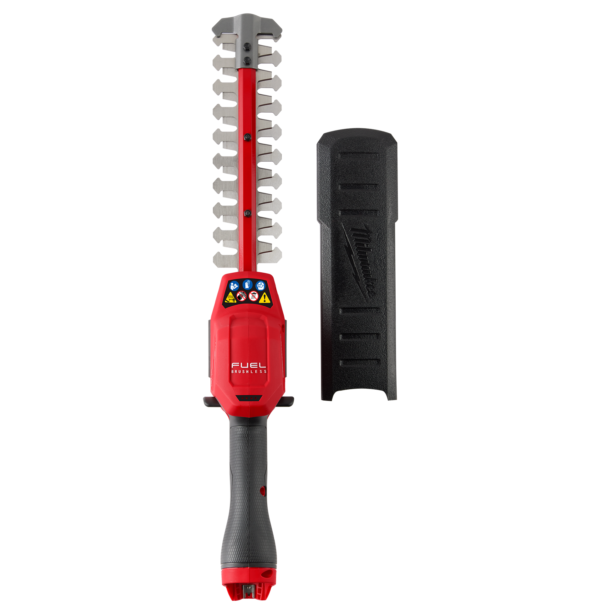 Red and black cordless hedge trimmer with protective cover designed for precise trimming in home improvement tasks