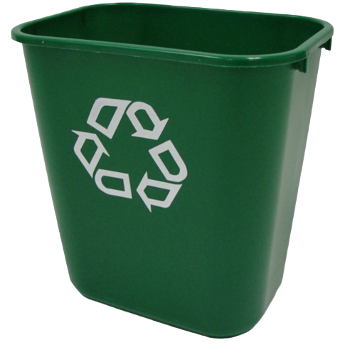 Green plastic recycling bin with white recycle symbol, part of waste baskets and cleaning collections under $50