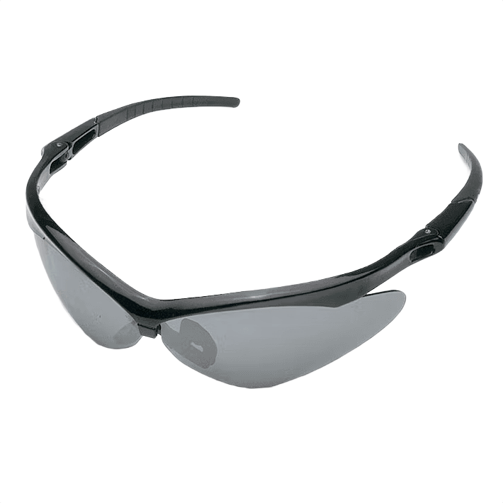 Black tinted protective glasses with curved frame and smoke mirror lenses for tools and home improvement tasks