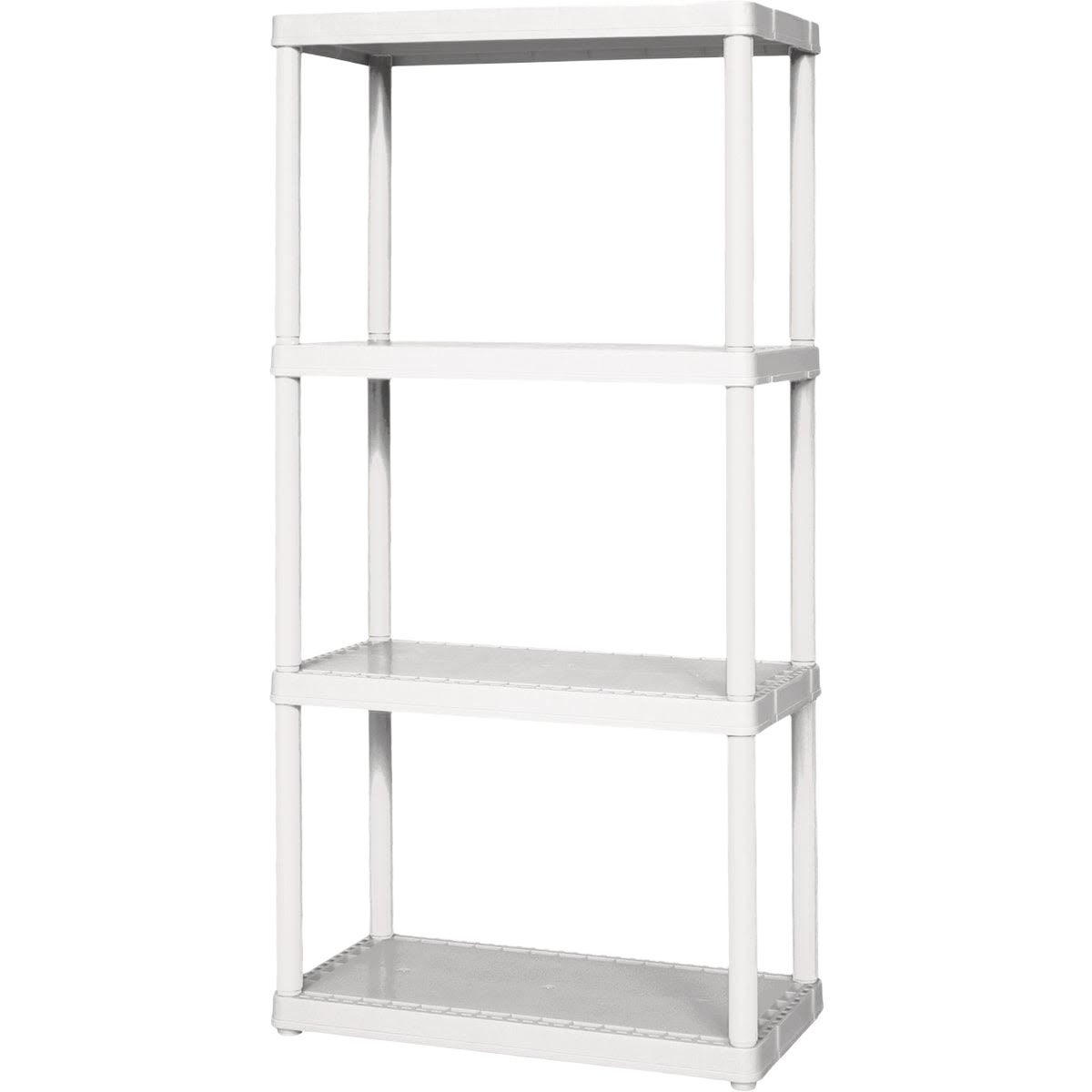 White plastic four-tier freestanding shelving unit for storage and organization in home and dorm spaces