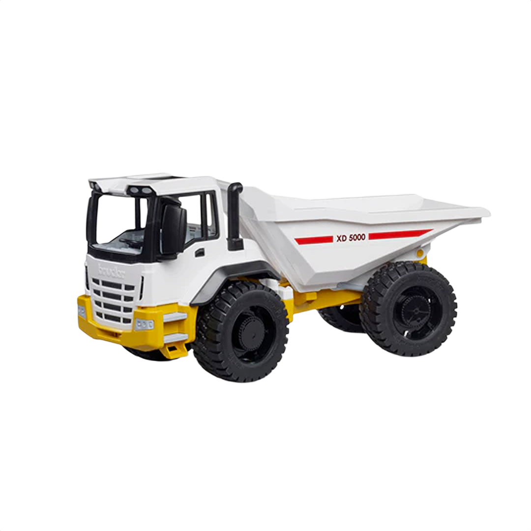 White and yellow toy dump truck with large wheels for imaginative play in vehicles and remote-controlled toys collection