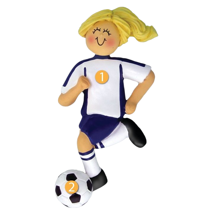 Blonde female soccer player figurine with blue and white uniform kicking ball for Christmas tree decor under $50 collection