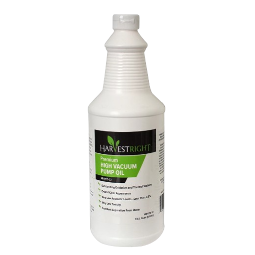 White 1-quart bottle of Harvest Right high vacuum pump oil with green and black label for tools and home use