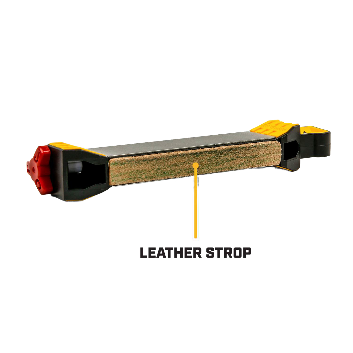 Leather strop sharpening tool with yellow and black frame for woodworking and kitchen hand tools maintenance