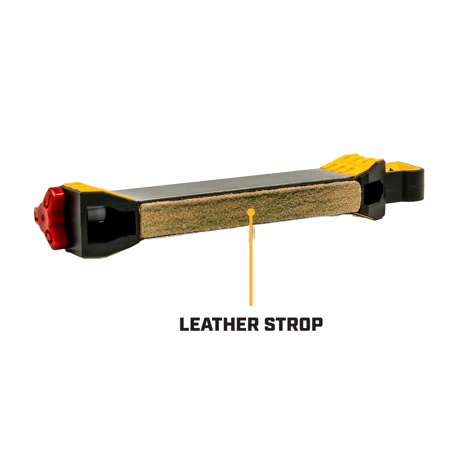Leather strop sharpening tool with yellow and black frame for woodworking and kitchen hand tools maintenance