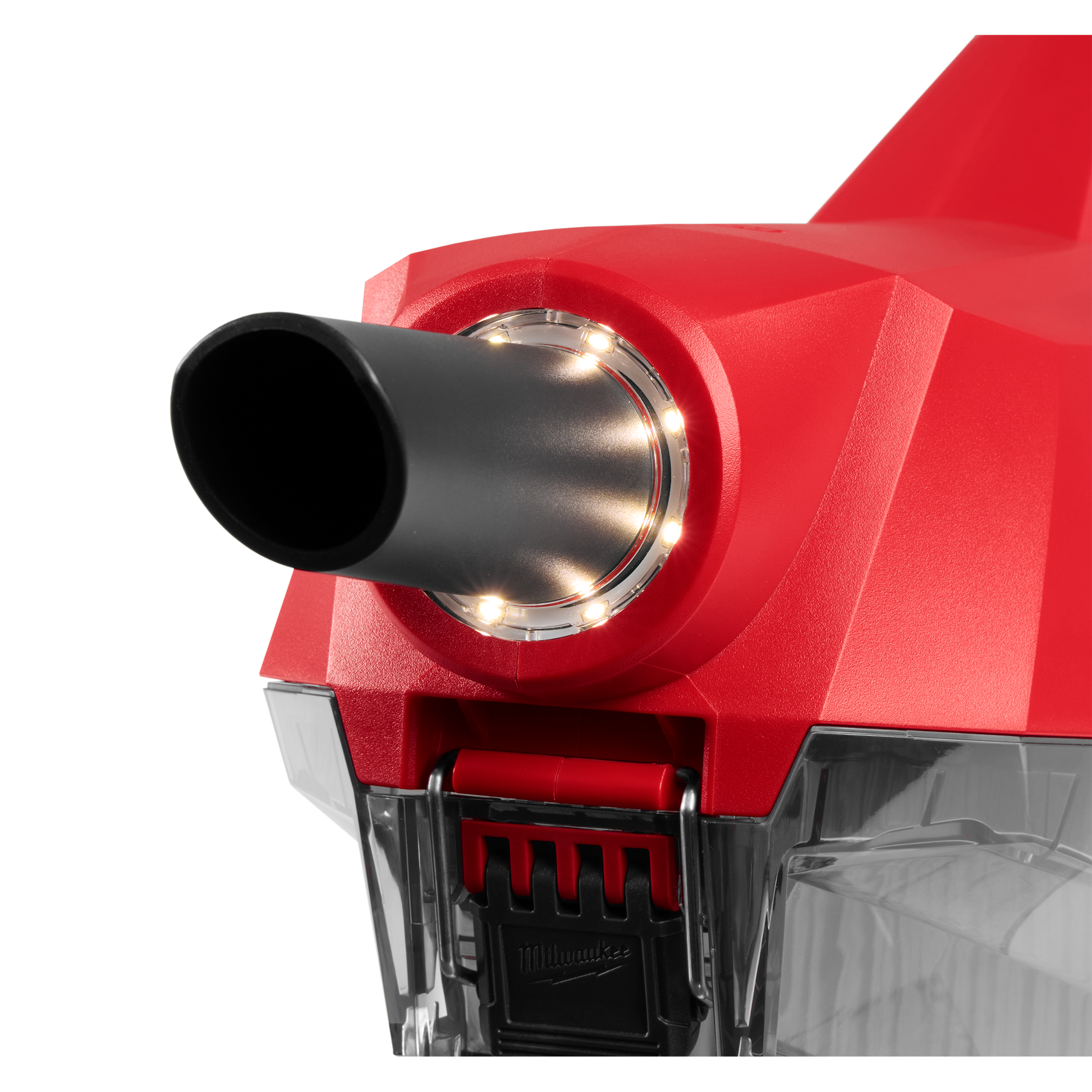 Close-up of red handheld vacuum nozzle with integrated LED lights and clear dust collection chamber, part of cleaning supplies at Hartville Hardware.