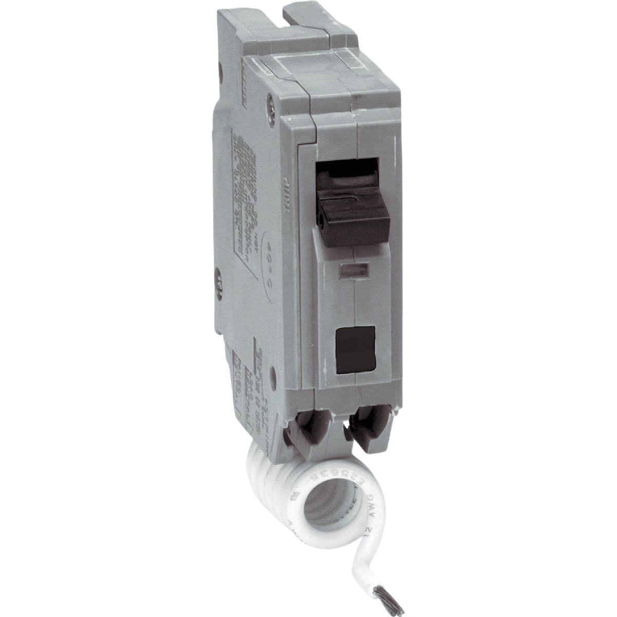 Single-pole gray circuit breaker with black switch and attached white coiled wire for electrical safety in home improvement