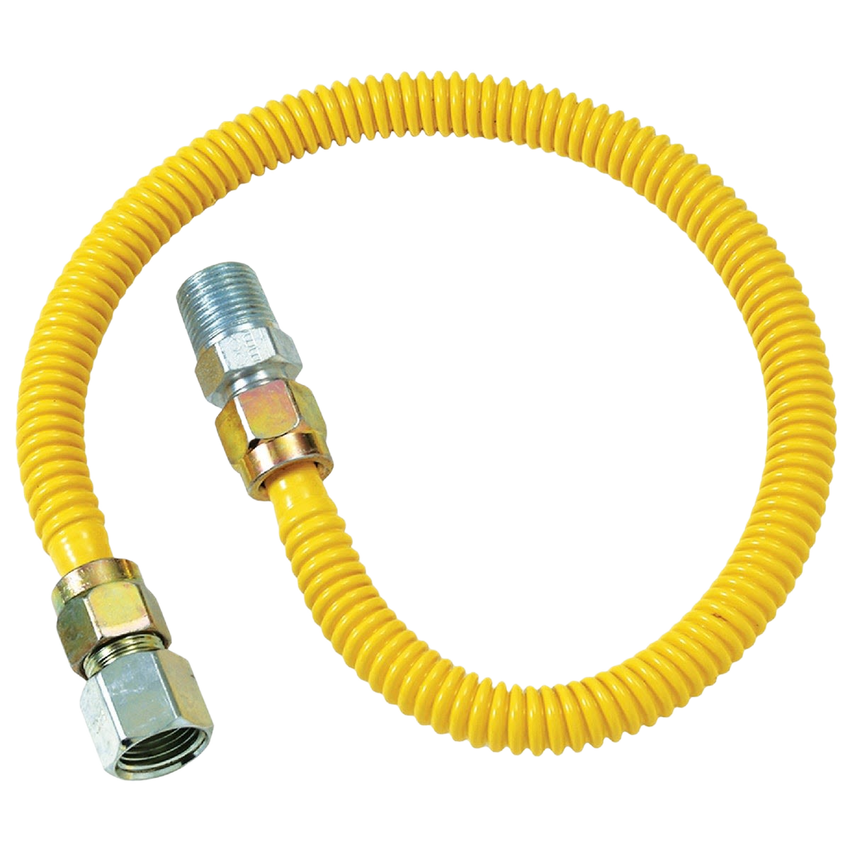 Flexible yellow coated stainless steel gas connector with threaded fittings for plumbing and home improvement tasks