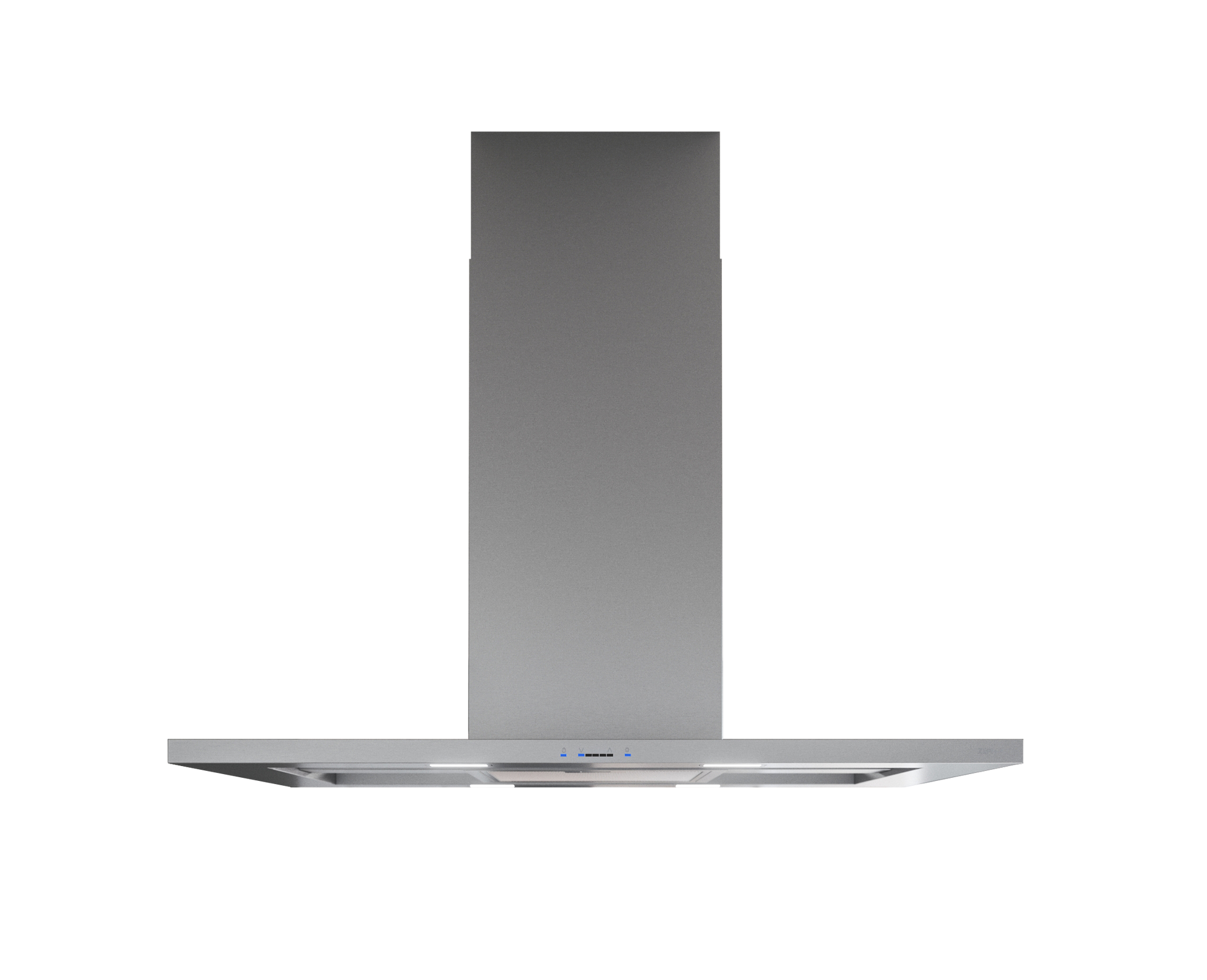 Stainless steel island range hood with LED lights, glass canopy, and modern design from Range Hoods collection