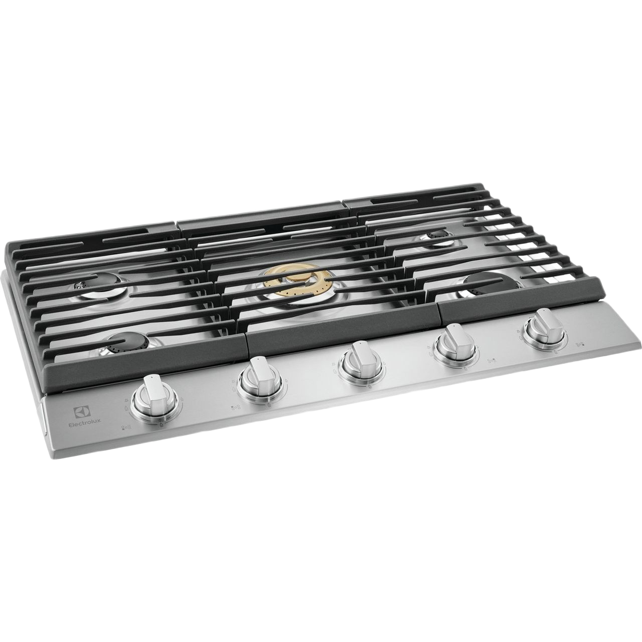 Electrolux stainless steel gas cooktop with five burners and brass power burner for precise cooking control