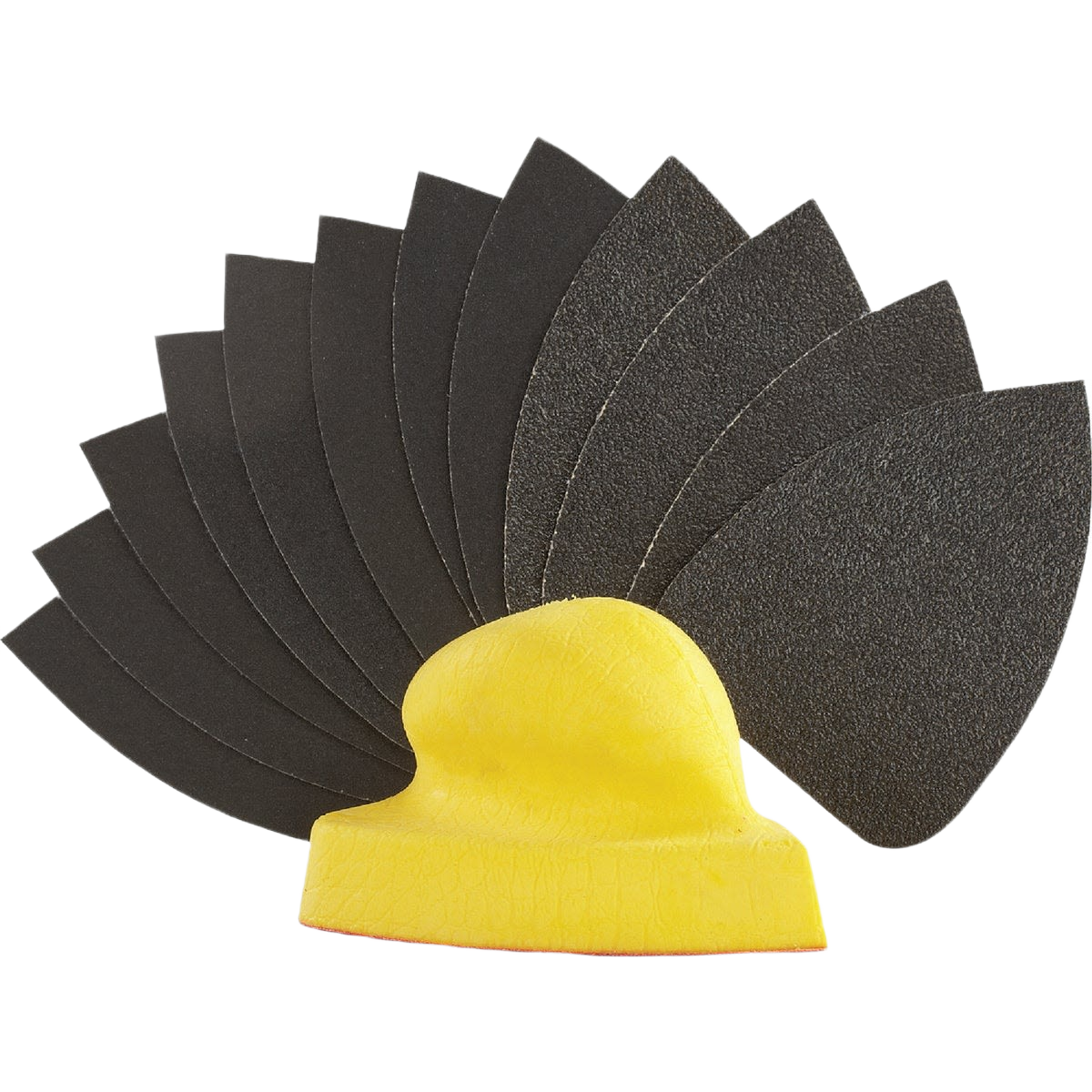 Yellow hand sanding block with an assortment of black sanding sheets for detail sanding and home improvement tasks