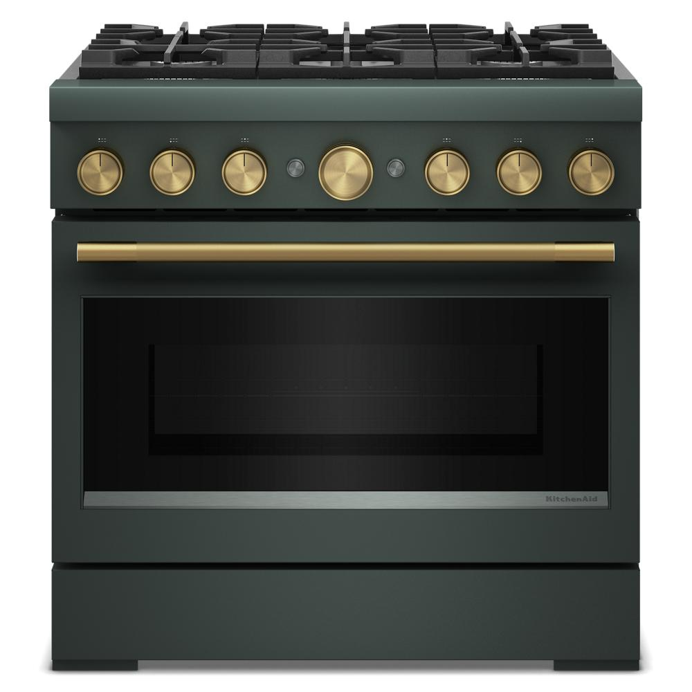 Front view of dark green commercial-style dual fuel range with six brass knobs and matching handle from KitchenAid collection