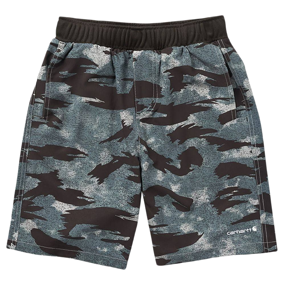 Boys' loosefit work shorts in camo green ripstop fabric with elastic waistband and side pockets