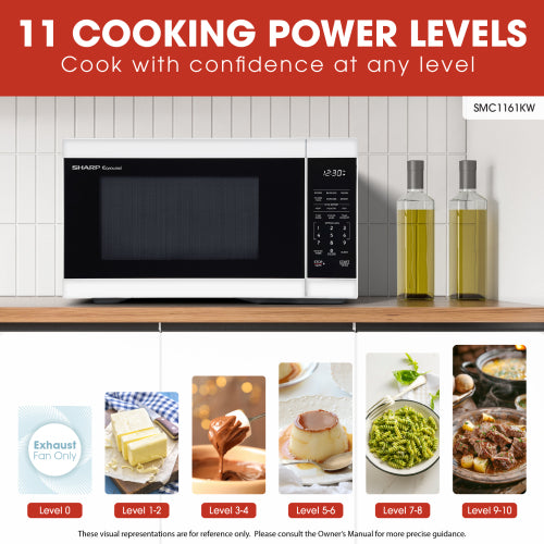 White compact countertop microwave oven with digital control panel and preset cooking levels in kitchen appliances collection