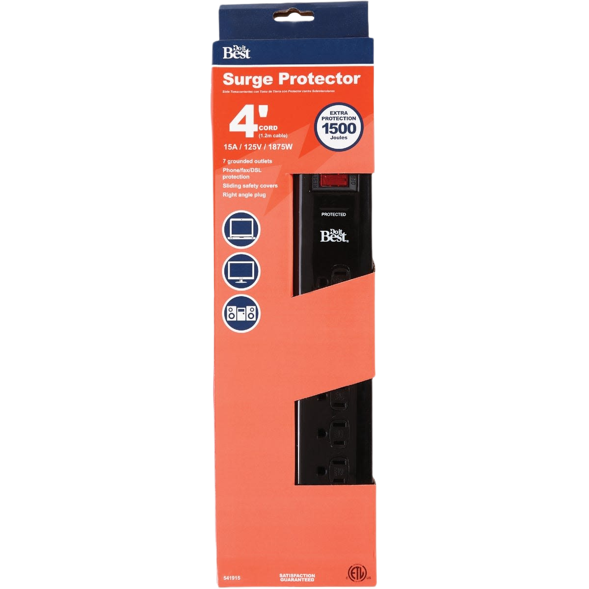Black surge protector strip with seven grounded outlets and 1500 joule rating for electrical home improvement under $50