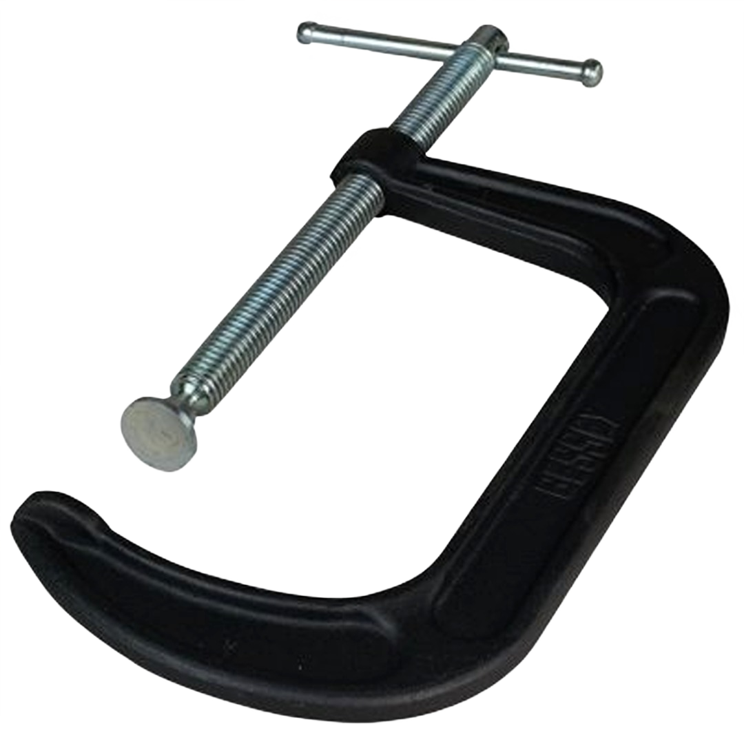 Heavy-duty black C-clamp with threaded steel screw for secure clamping in tools and home improvement projects