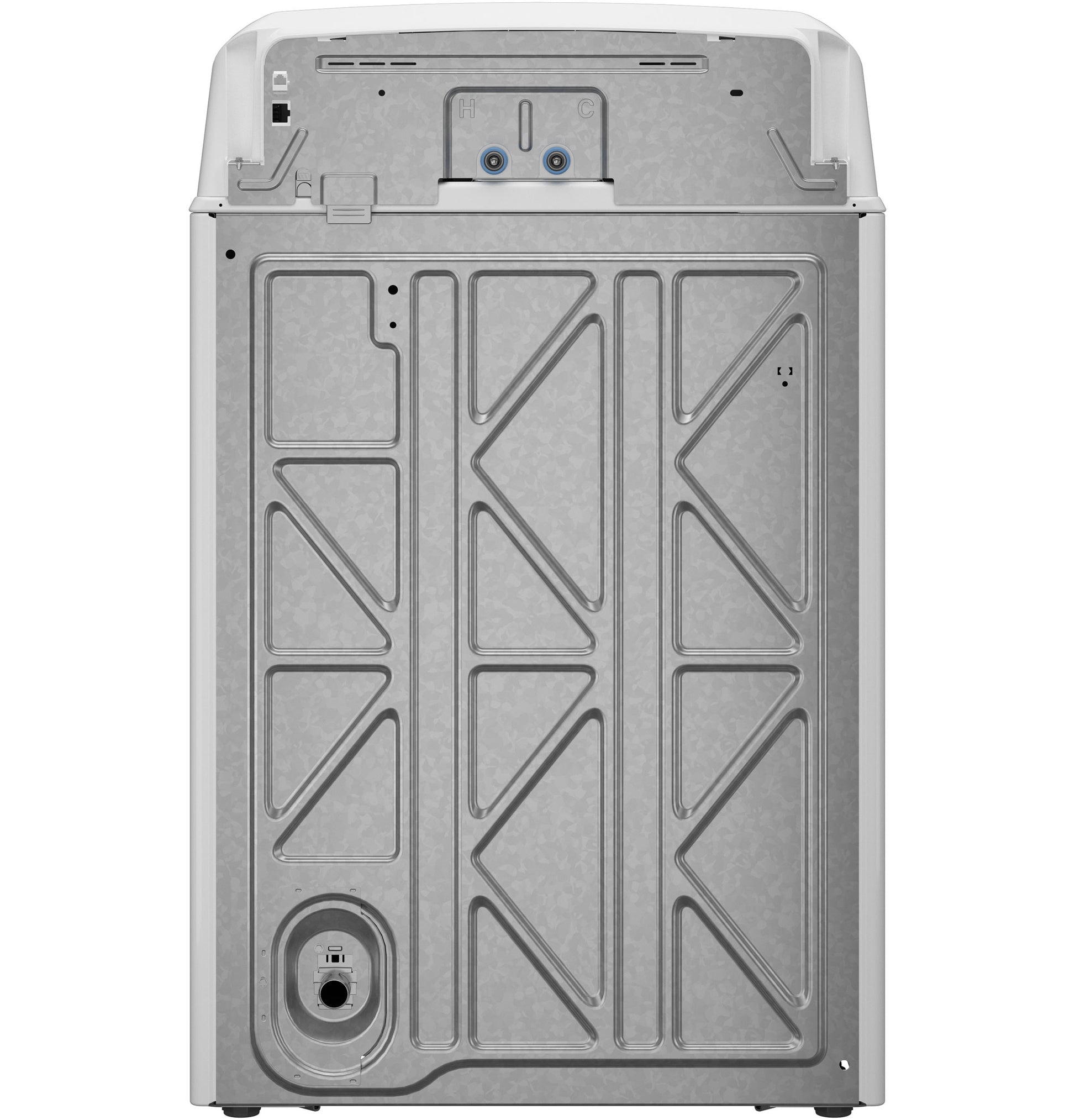 Back view of a top load washer showing metal panel with water inlet and drain connections for appliances collection.