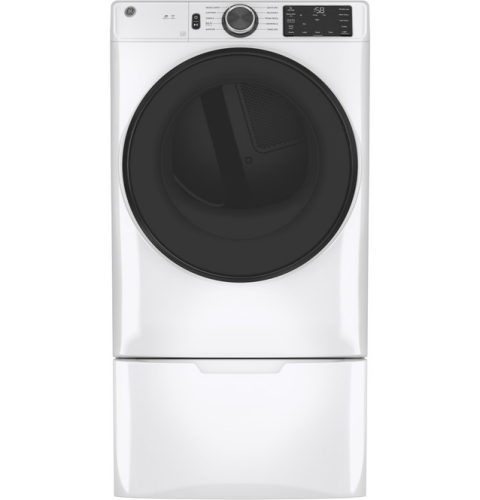 White front-load electric dryer with large black door and digital control panel for Appliances and Dryers collections