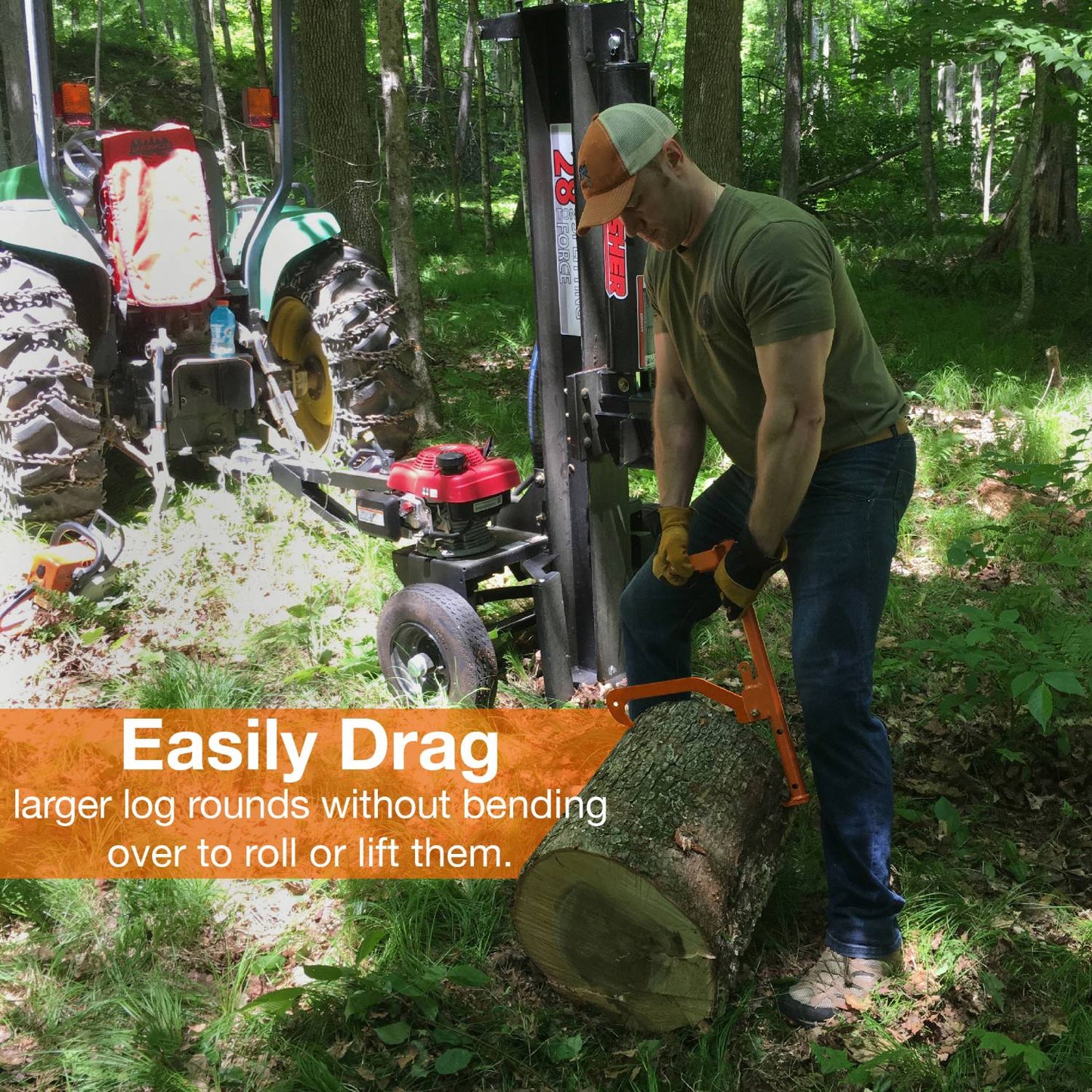 Man using orange log handling tool to lift and roll large log outdoors in forested home improvement setting