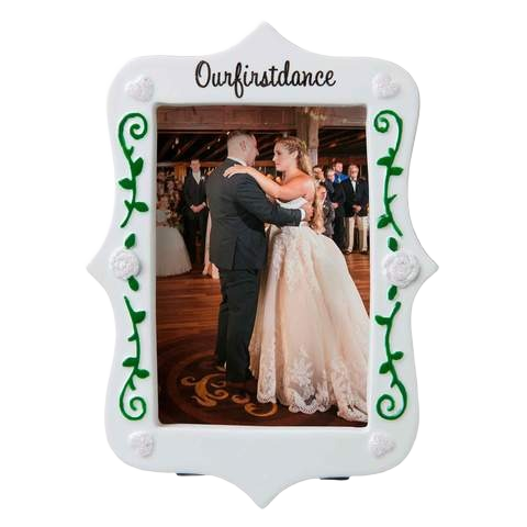 White frame ornament with green vine accents and a couple dancing, Christmas Ornaments & Tree Decorations under $50 collection