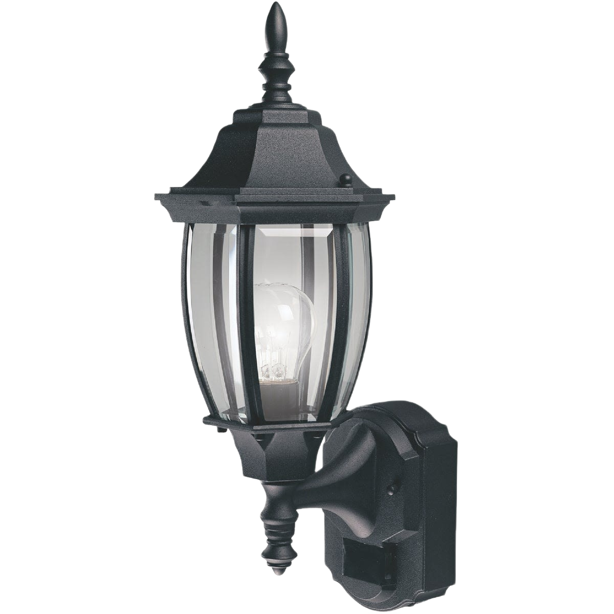 Black incandescent outdoor light fixture with motion activation and classic coach lantern design for outdoor living areas