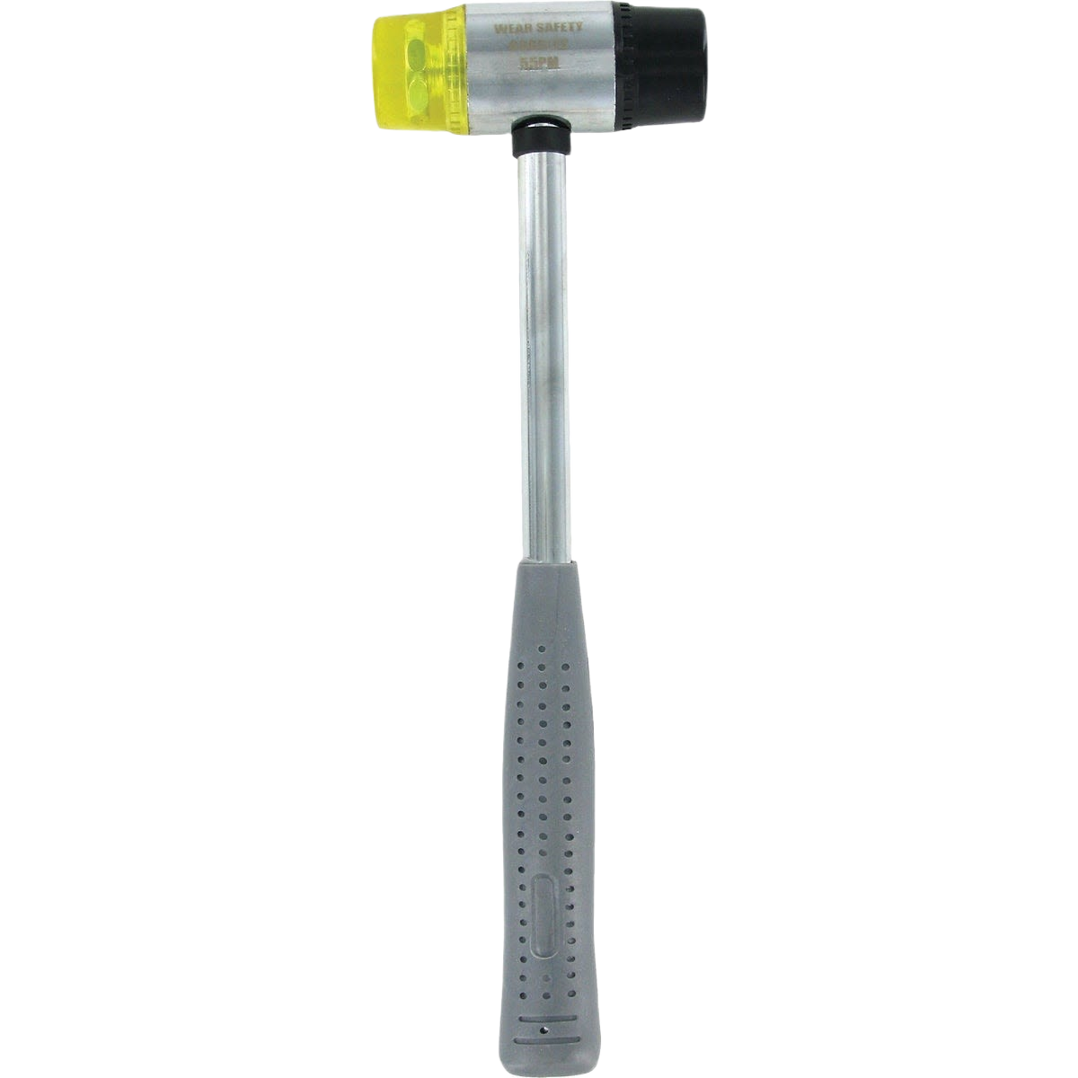 Double-headed mallet with yellow plastic and black rubber striking surfaces and gray ergonomic handle for woodworking tools.