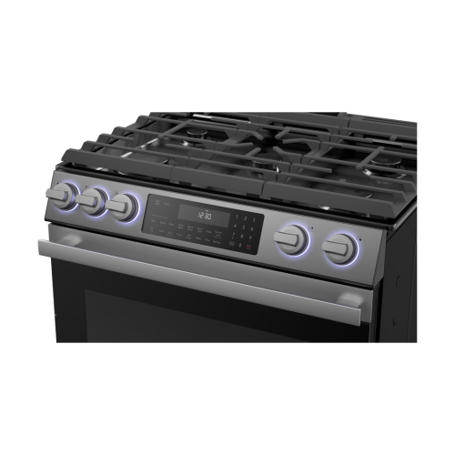 Stainless steel gas slide-in range with convection oven, AirFry capability, digital controls, and modern black glass finish in kitchen appliances collection