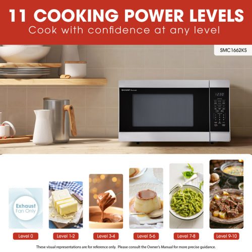 Sharp stainless steel microwave oven on kitchen counter with digital control panel and cooking power level examples