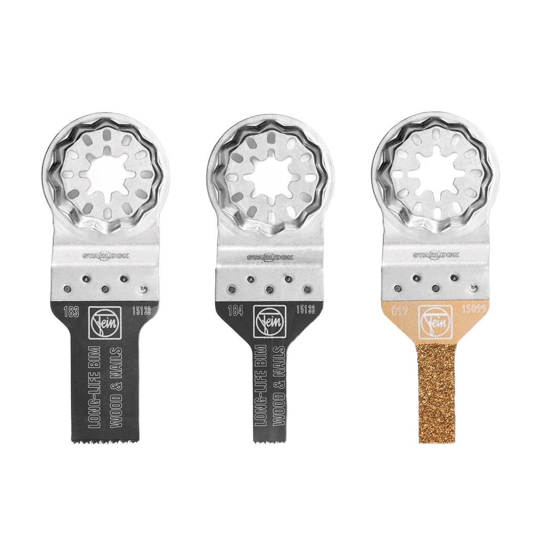 Set of three Fein combo Starlock mini cut saw blades for precise woodworking and tool accessories in home improvement collections