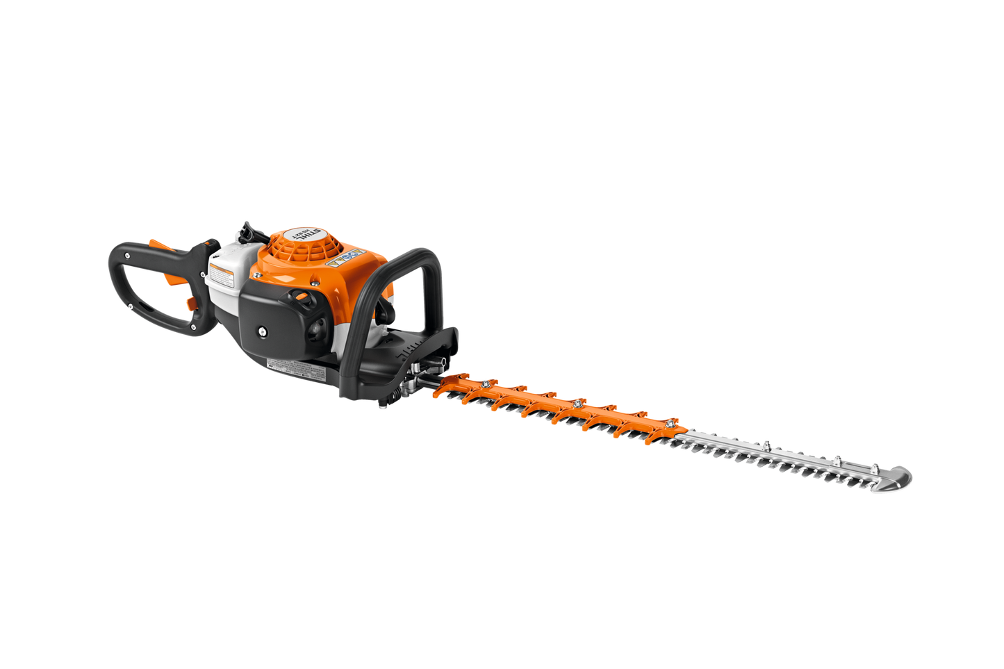 Orange and black gas-powered hedge trimmer with dual handles designed for efficient home improvement and landscaping tasks