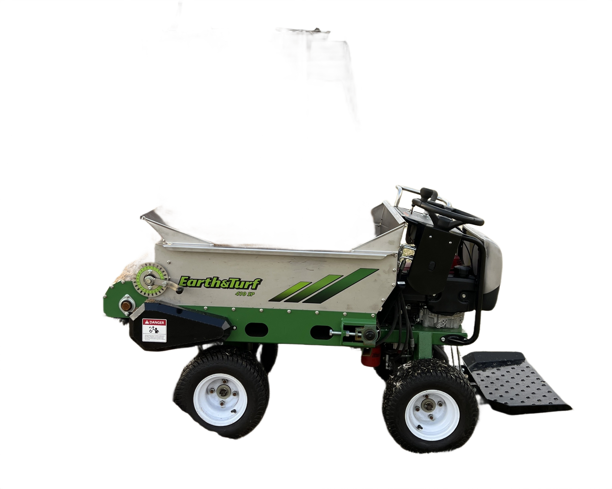 Green and stainless steel landscaping top spreader dumping soil with four-wheel drive for All Products collection