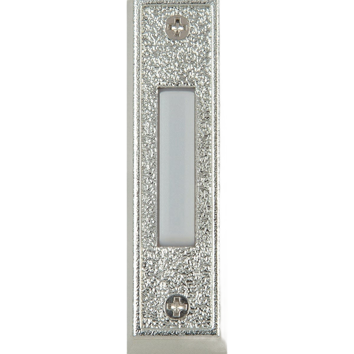 Silver plastic LED doorbell button with textured frame and mounting screws for home improvement projects