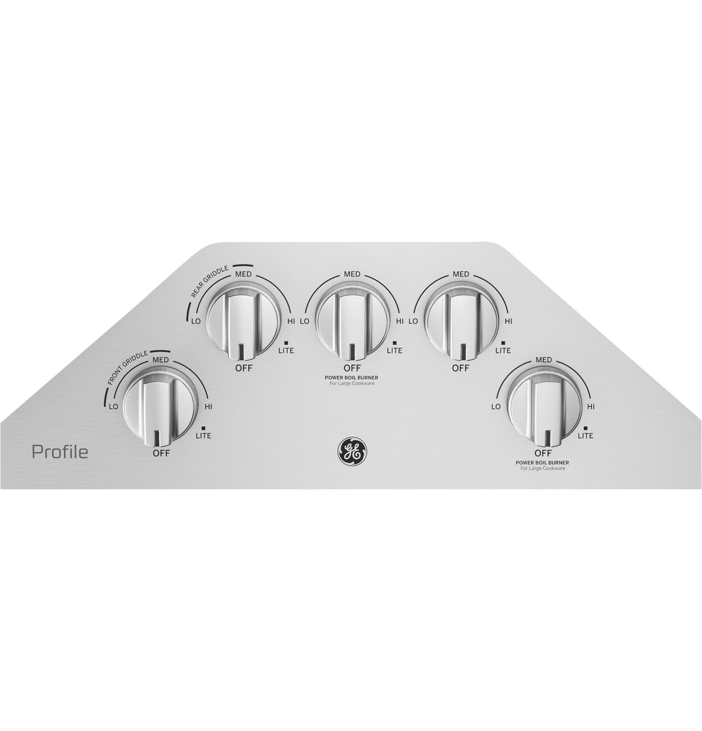 Stainless steel control panel with five burner knobs and labeled heat settings from Cooktops and Kitchen & Kitchenware collections