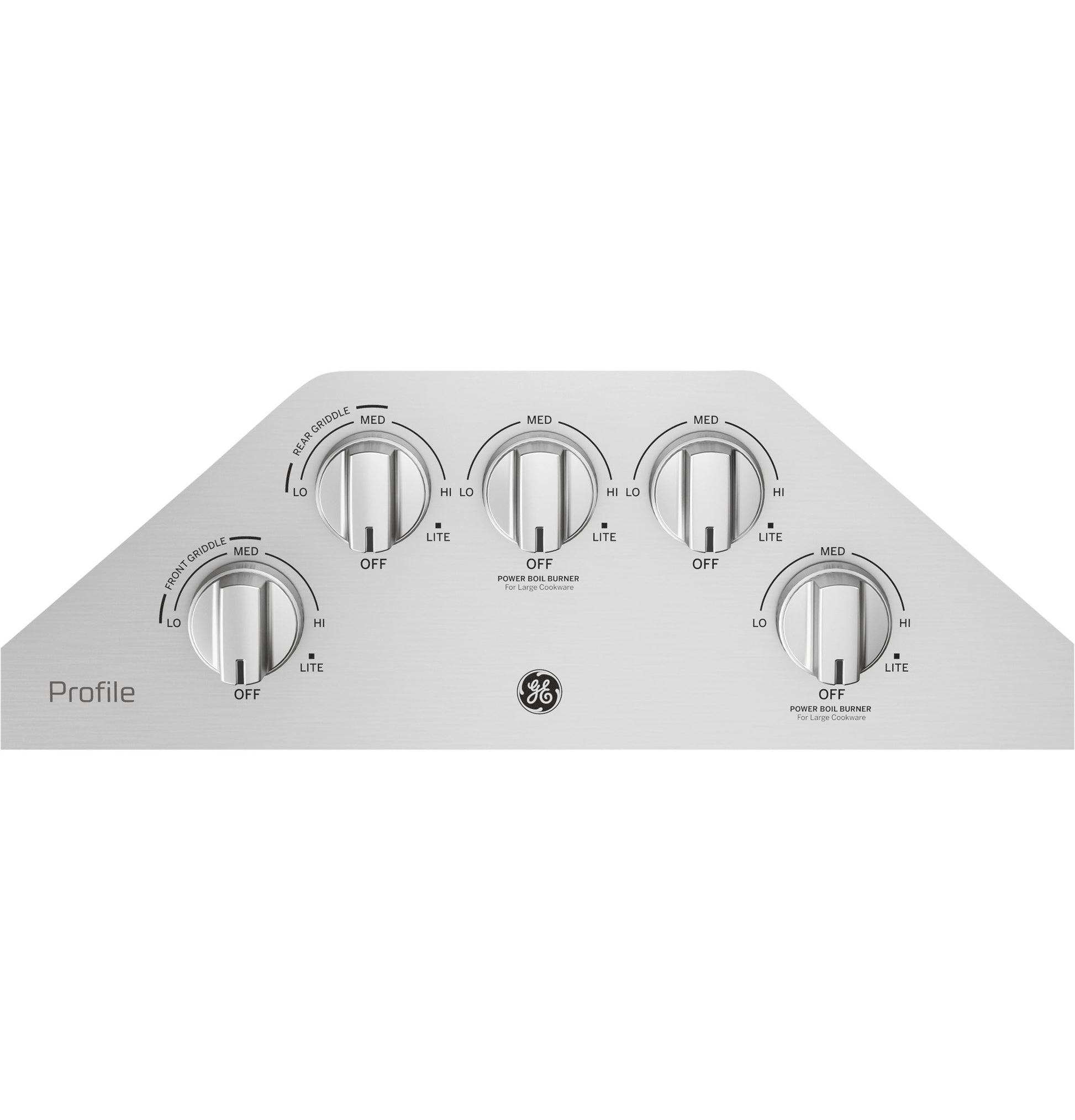 Stainless steel control panel with five burner knobs and labeled heat settings from Cooktops and Kitchen & Kitchenware collections