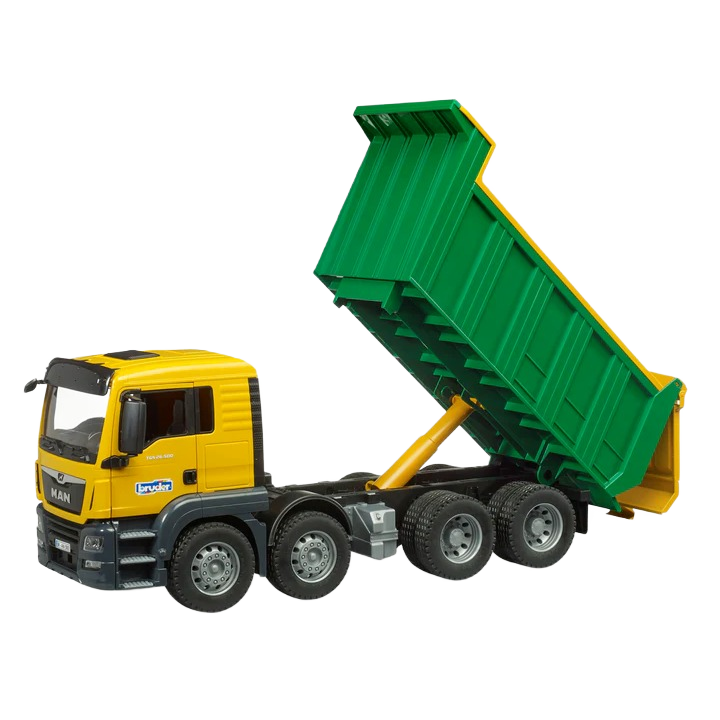 Yellow cab and green bed Bruder Man Dump Truck toy with raised dumping bed for construction play activities