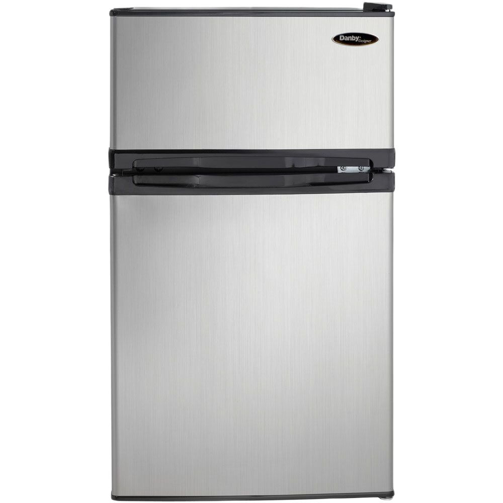 Compact stainless steel dual-door refrigerator with independent freezer compartment and black horizontal handle, part of Refrigerators, Top Freezer Refrigerators, Kitchen & Kitchenware, All Products, and Appliances collections.